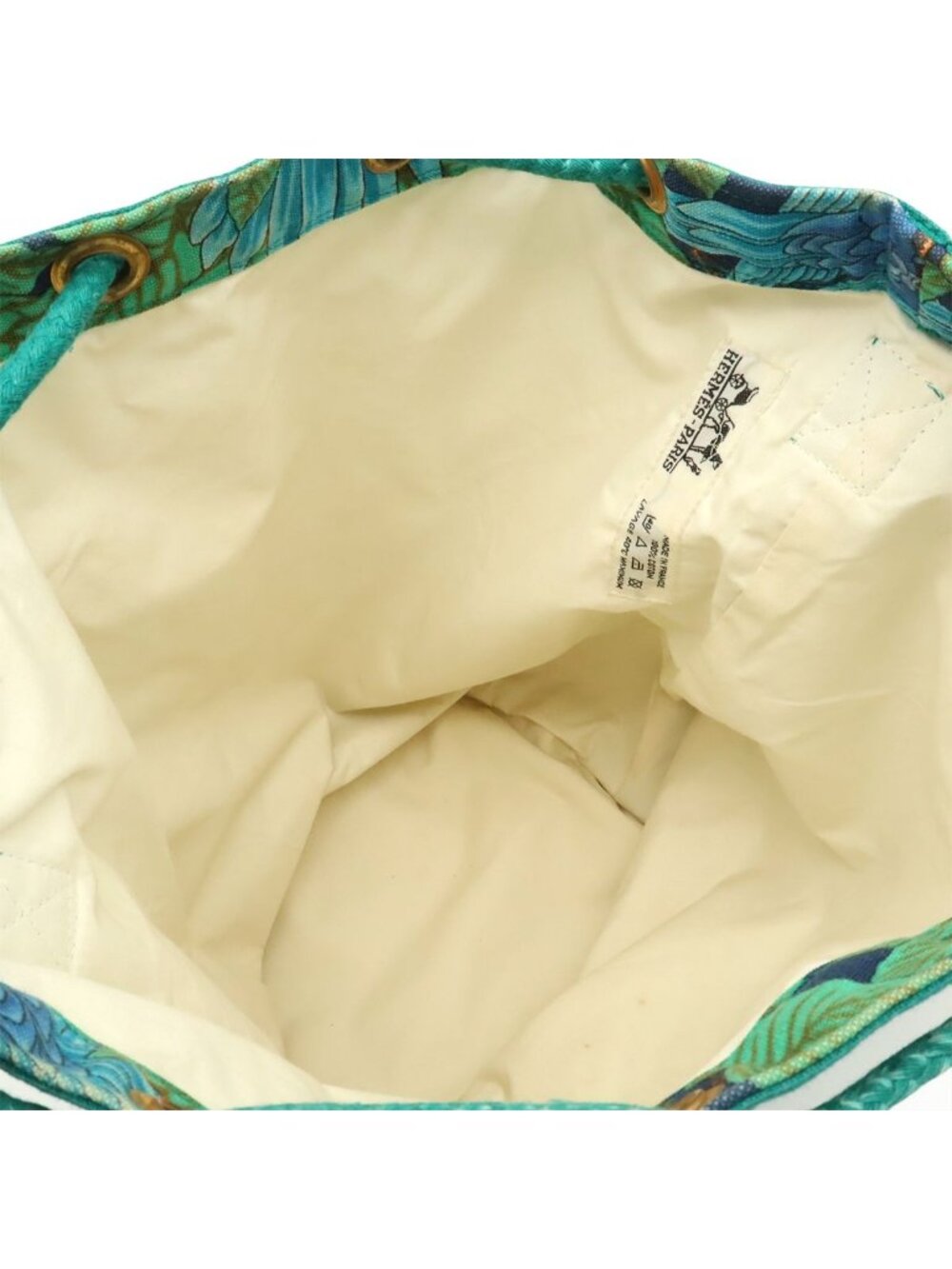 Hermes Shoulder Bag Drawstring Botanical Bird Print Parakeet Canvas Green Blue - Picture 6 of 8